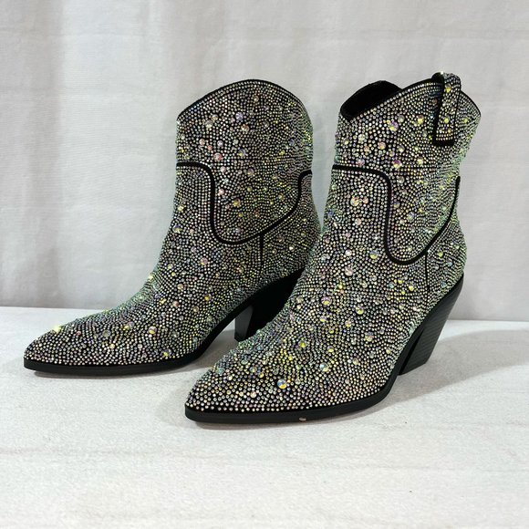 Shoes - NEW! Women's Rhinestone Cowboy Boots, Sparkly Chunky Heel Ankle Boot, Size 6-7